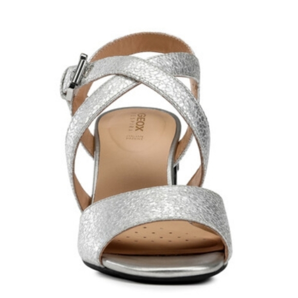 Geox Metallic Silver Rhinestone Jeweled Block Ankle Strap Heels NWT - Picture 12 of 16